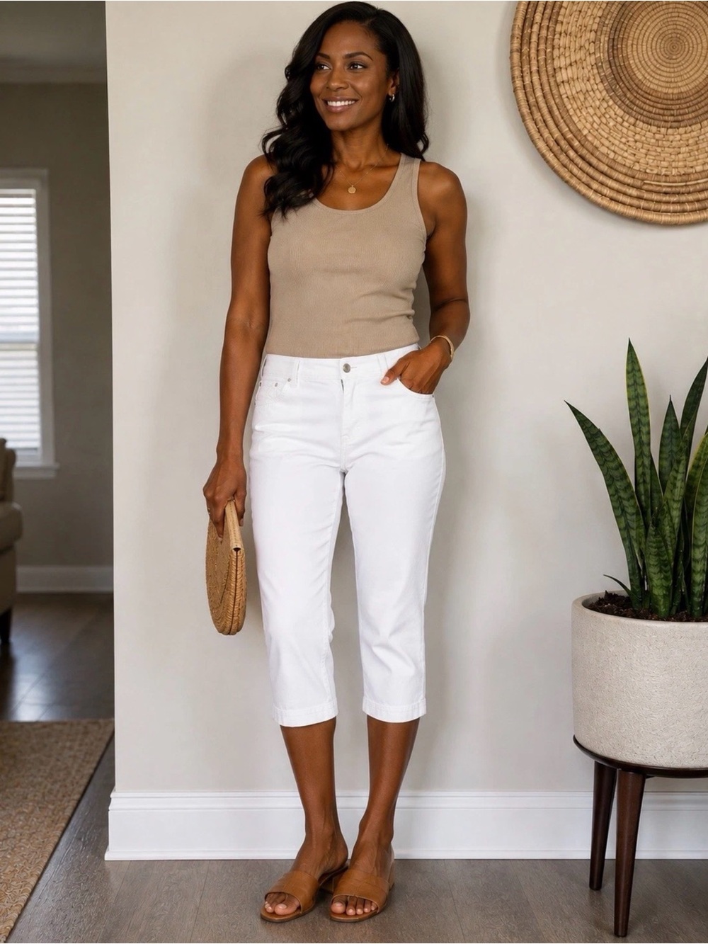 Banana Republic White Cropped Jeans with Beige Tank Styling